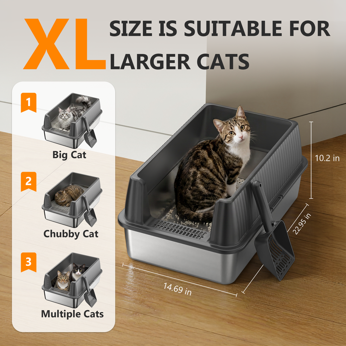 Nycoba Extra Large Stainless Steel Cat Litter Box, High Sided Non-Stick Leak Proof Litter Pan with Scoop for Large Cats, Gray