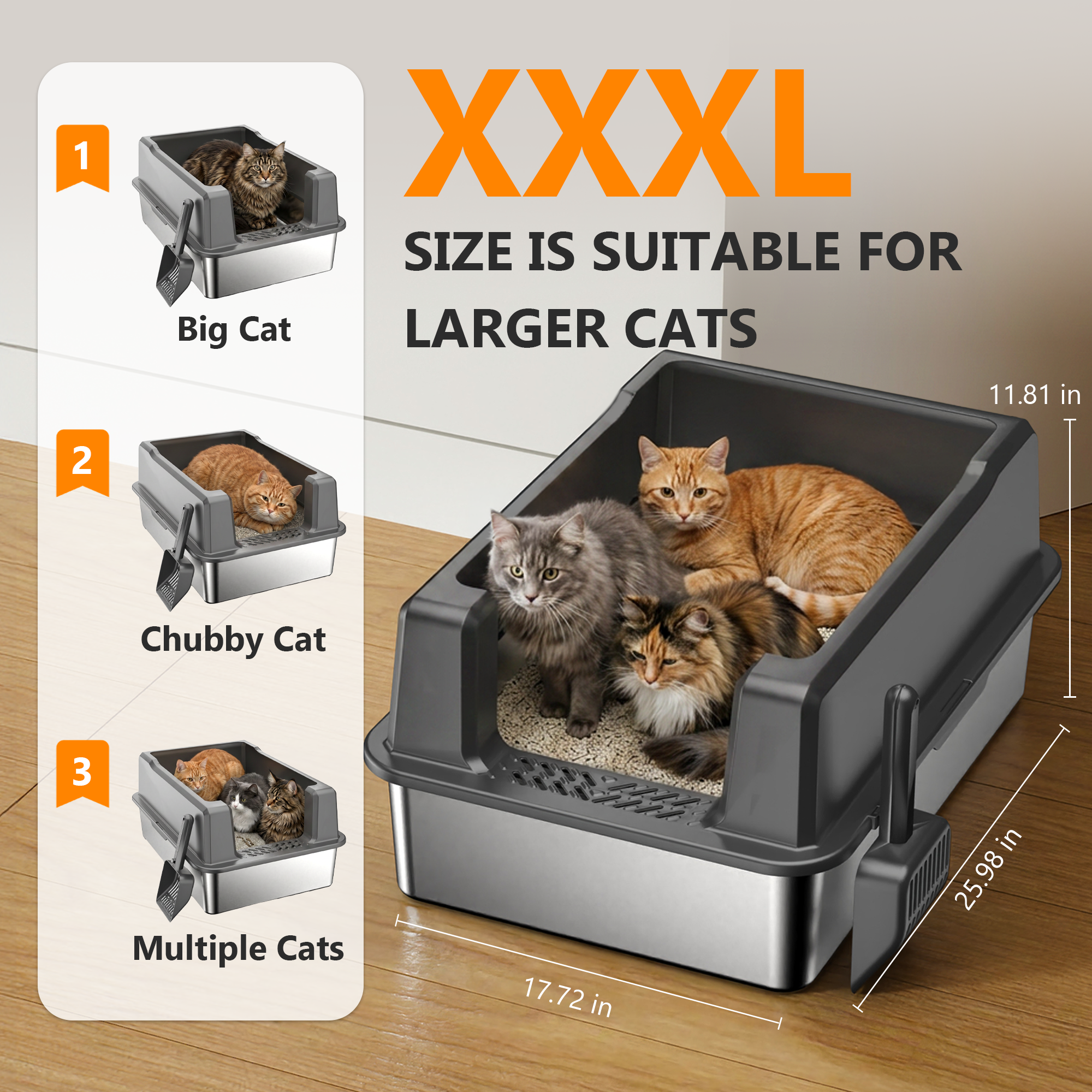 Nycoba XXXL Stainless Steel Cat Litter Box, Extra High Sided Non‑Stick Litter Pan with Scoop for Multiple Cats & Heavy Large Cats, Gray