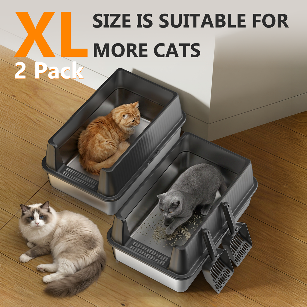 Nycoba 2‑Pack Large Capacity Stainless Steel Cat Litter Box,High‑Walled Non‑Stick Leak Proof Litter Pans with Scoops, Ideal for Multi‑Cats