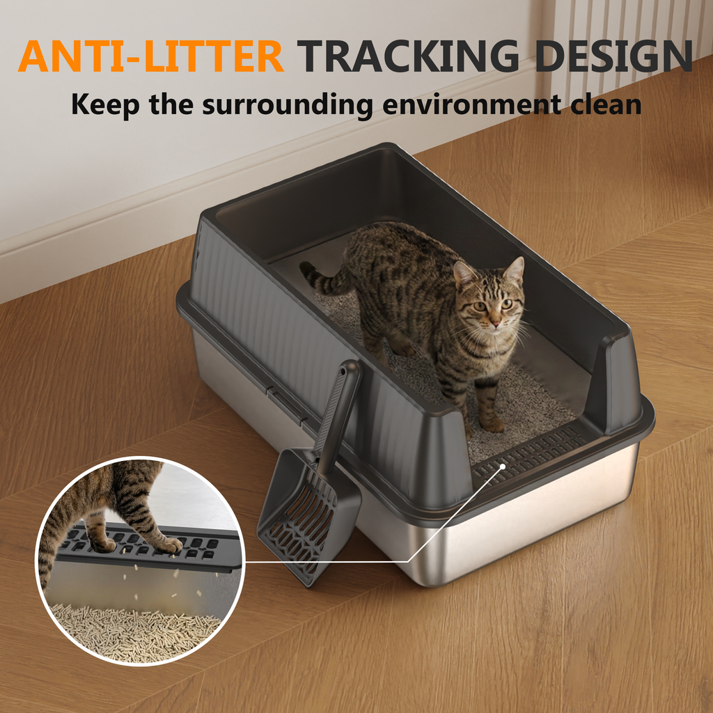 Nycoba Extra Large Stainless Steel Cat Litter Box, High Sided Non-Stick Leak Proof Litter Pan with Scoop for Large Cats, Gray