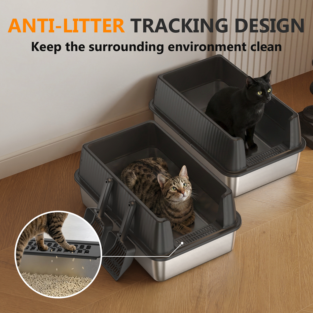 Nycoba 2‑Pack Large Capacity Stainless Steel Cat Litter Box,High‑Walled Non‑Stick Leak Proof Litter Pans with Scoops, Ideal for Multi‑Cats