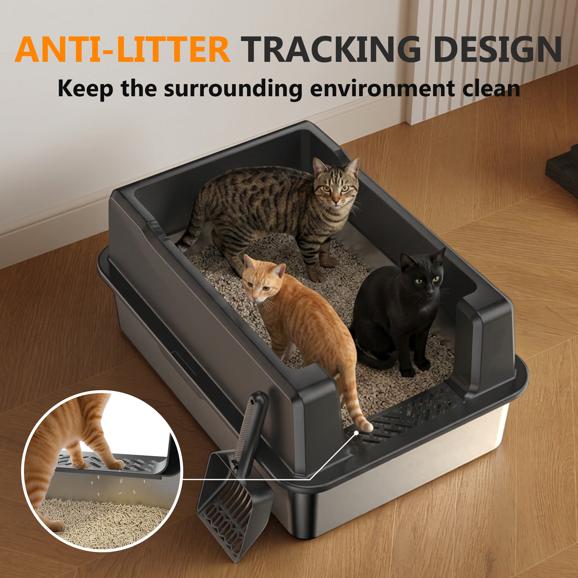 Nycoba XXXL Stainless Steel Cat Litter Box, Extra High Sided Non‑Stick Litter Pan with Scoop for Multiple Cats & Heavy Large Cats, Gray