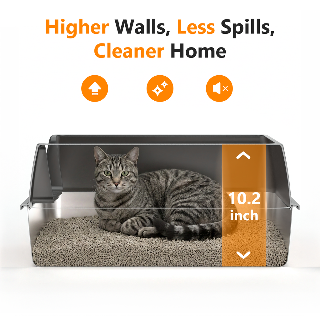 Nycoba Extra Large Stainless Steel Cat Litter Box, High Sided Non-Stick Leak Proof Litter Pan with Scoop for Large Cats, Gray