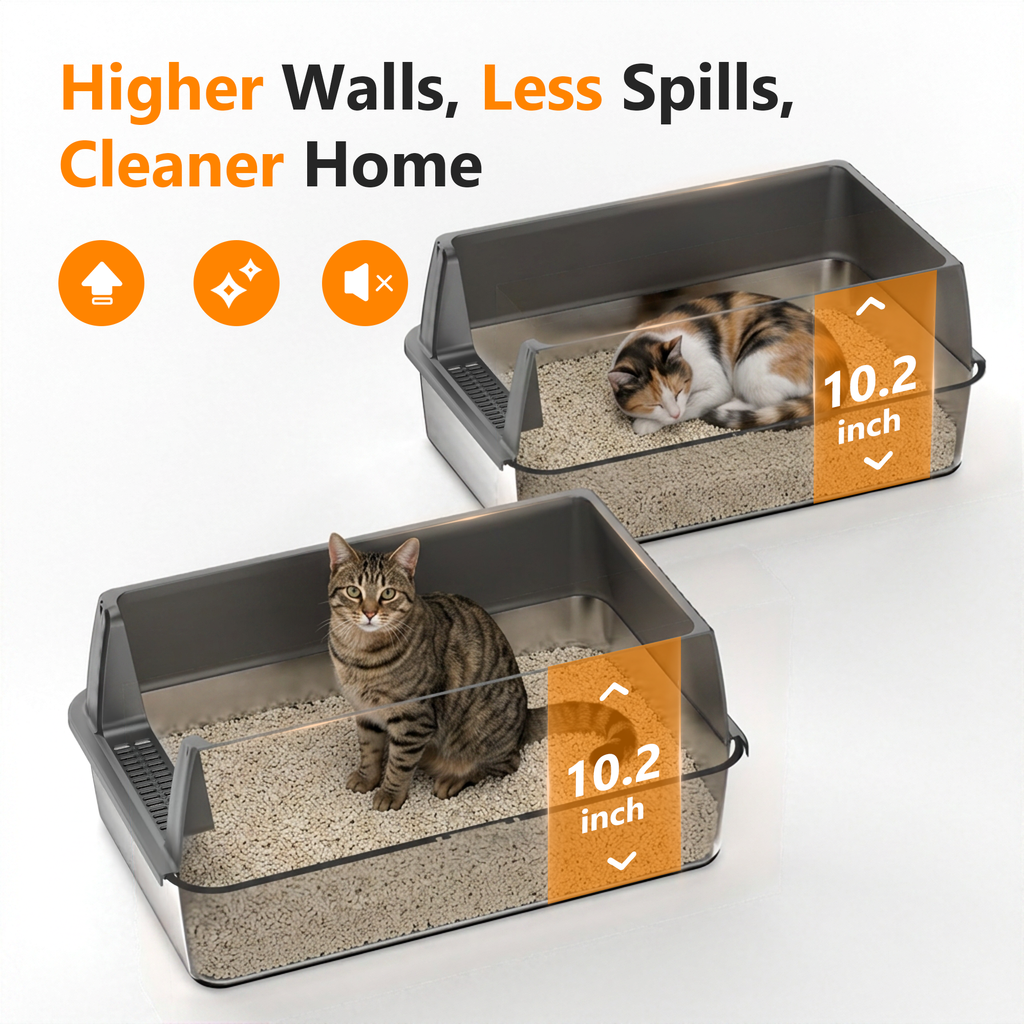 Nycoba 2‑Pack Large Capacity Stainless Steel Cat Litter Box,High‑Walled Non‑Stick Leak Proof Litter Pans with Scoops, Ideal for Multi‑Cats