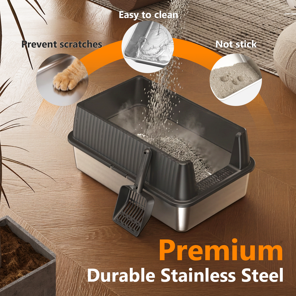 Nycoba Extra Large Stainless Steel Cat Litter Box, High Sided Non-Stick Leak Proof Litter Pan with Scoop for Large Cats, Gray