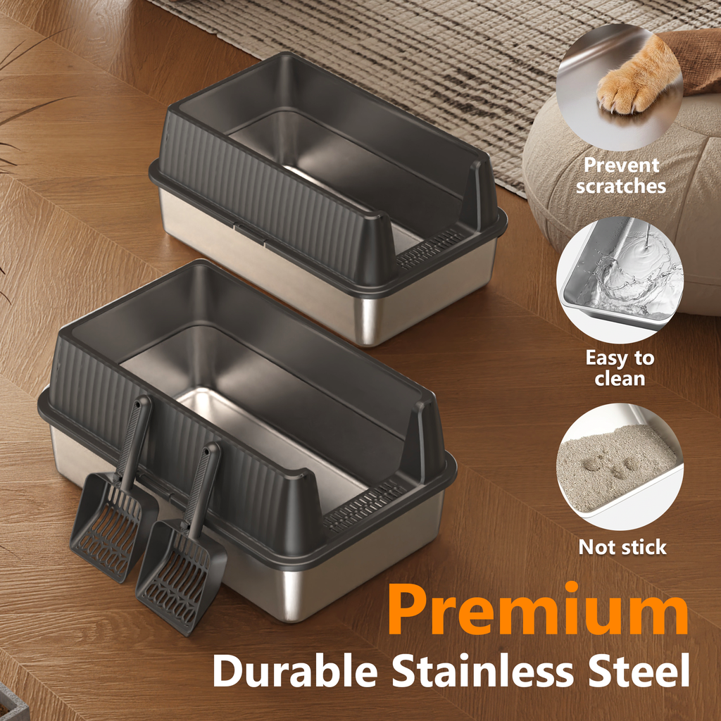 Nycoba 2‑Pack Large Capacity Stainless Steel Cat Litter Box,High‑Walled Non‑Stick Leak Proof Litter Pans with Scoops, Ideal for Multi‑Cats