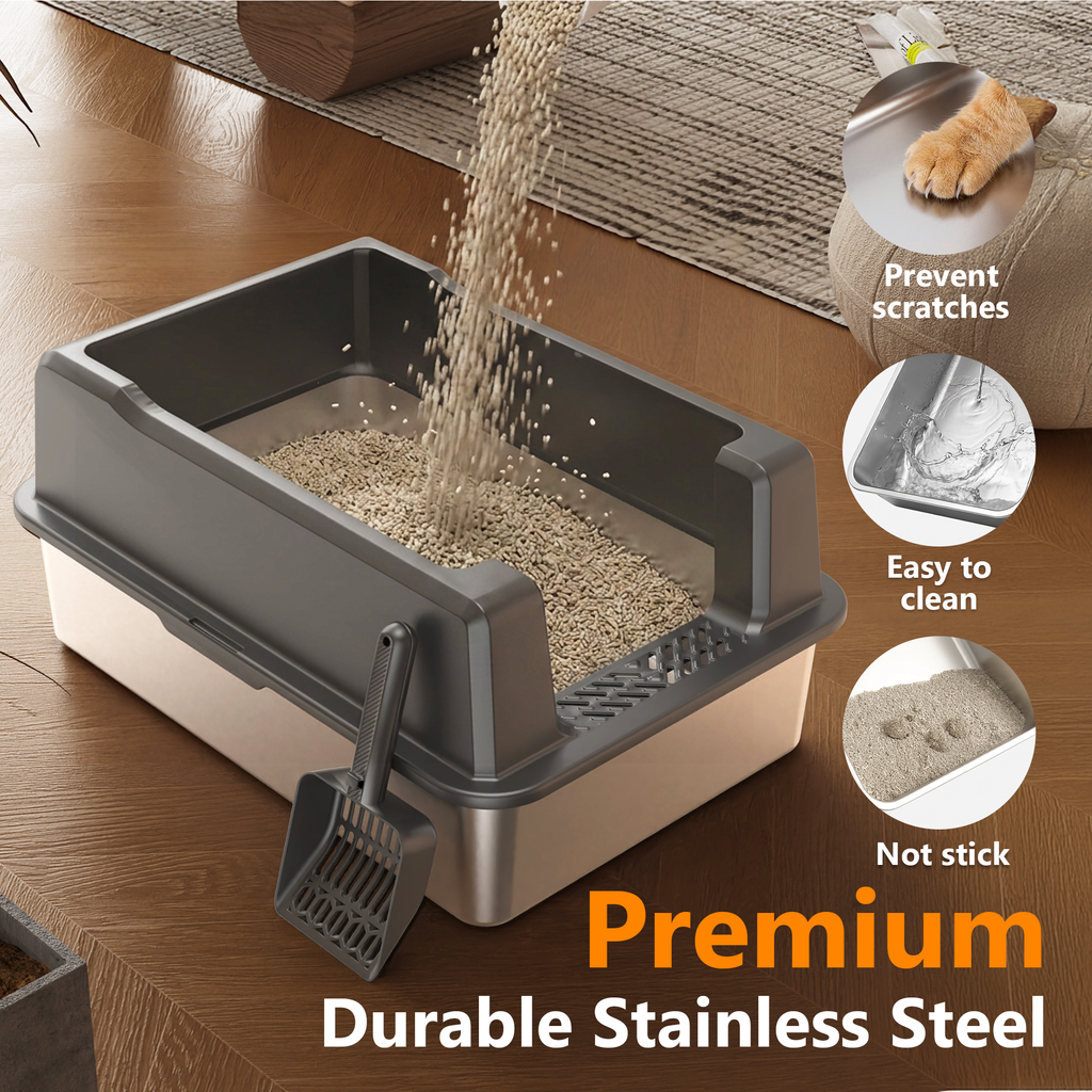 Nycoba XXXL Stainless Steel Cat Litter Box, Extra High Sided Non‑Stick Litter Pan with Scoop for Multiple Cats & Heavy Large Cats, Gray