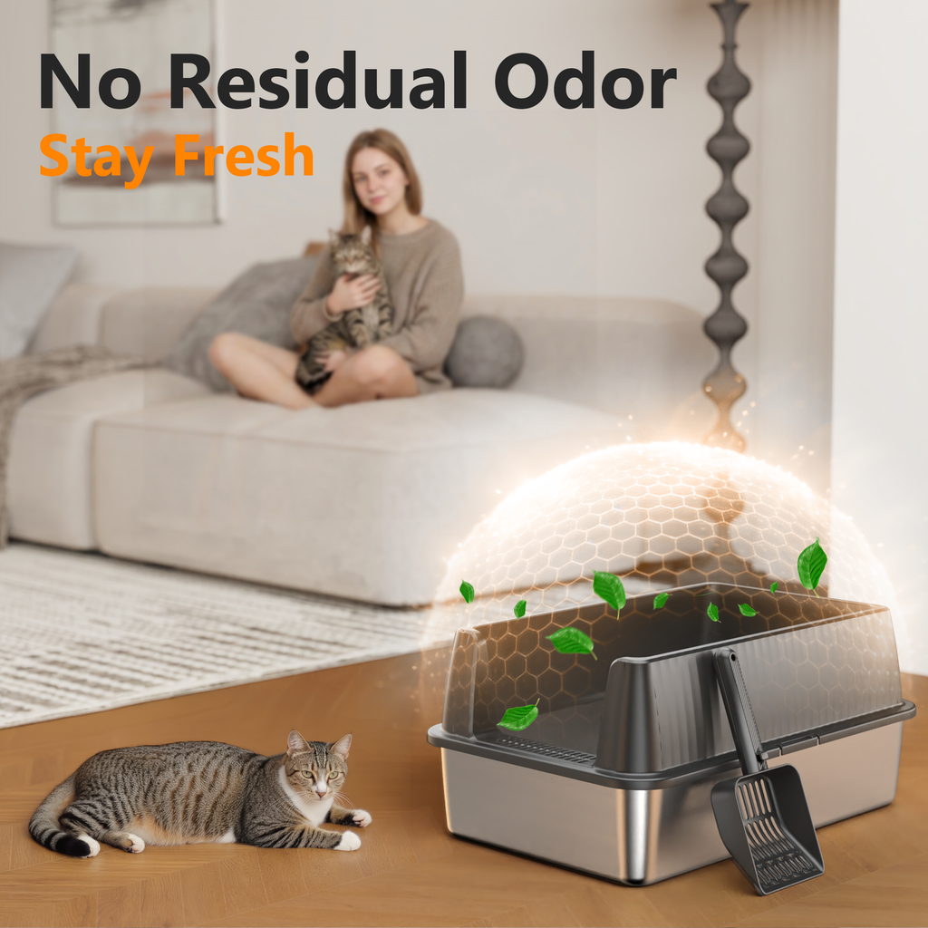 Nycoba Extra Large Stainless Steel Cat Litter Box, High Sided Non-Stick Leak Proof Litter Pan with Scoop for Large Cats, Gray