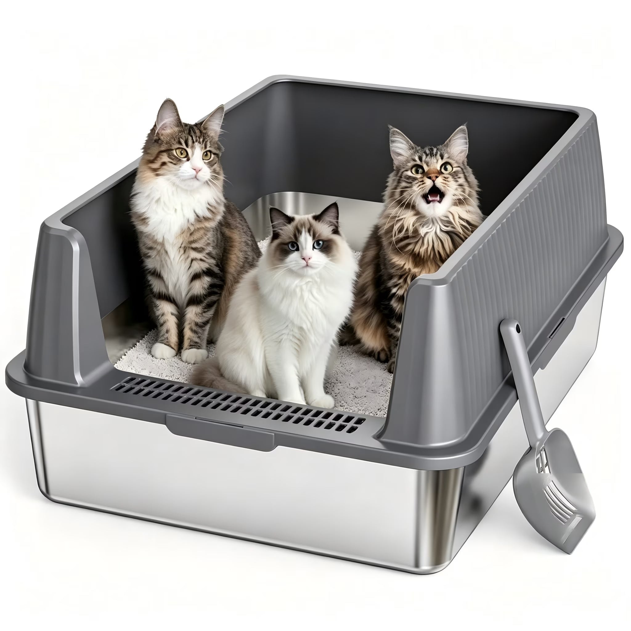 Nycoba Open Top Stainless Steel Cat Litter Box with High Splash Guard, Anti-Tracking Pedal & Cat Litter Scoop