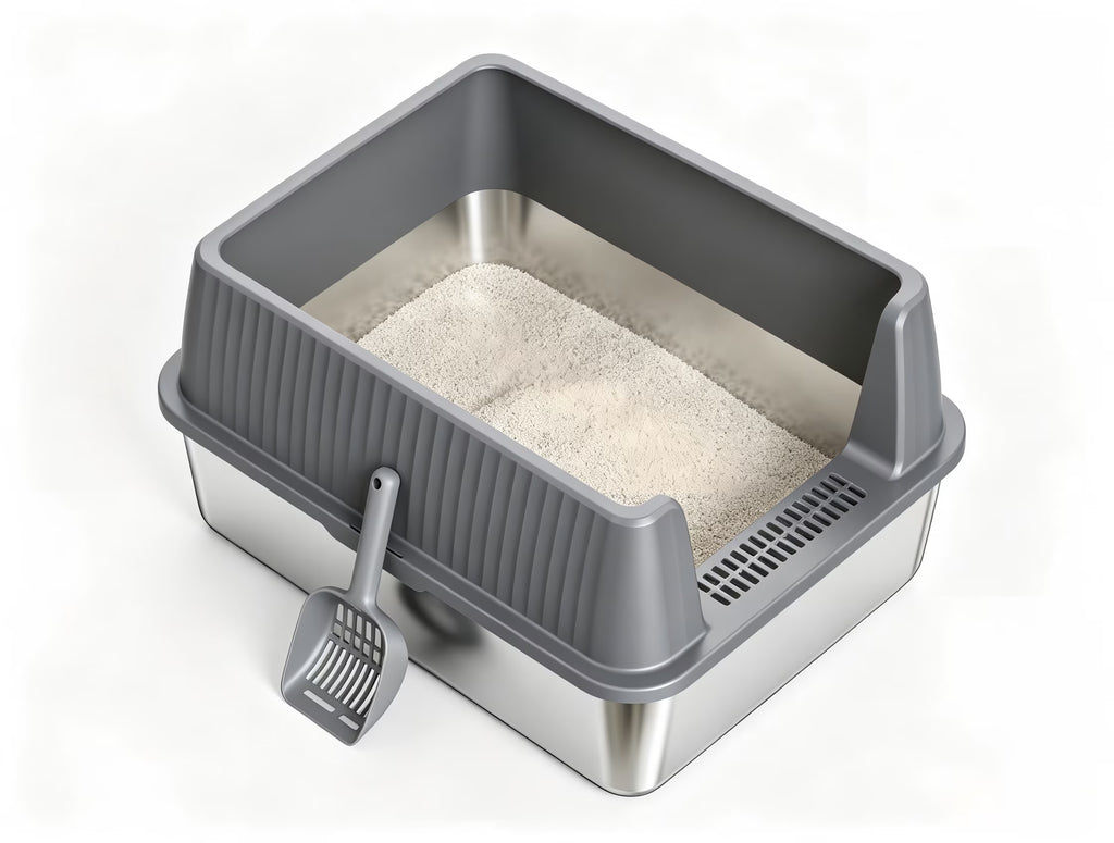 Nycoba High Sided Stainless Steel Open Top Cat Litter Box, Splash Proof Cat Toilet with Anti Tracking Pedal & Hanging Litter Scoop