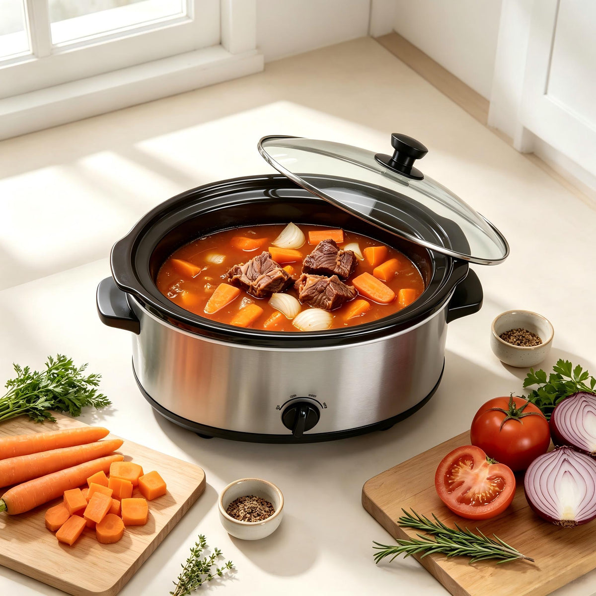Nycoba 7QT Slow Cooker, Stainless Steel, Removable Non-Stick Stoneware Crock, 3 Heat Settings