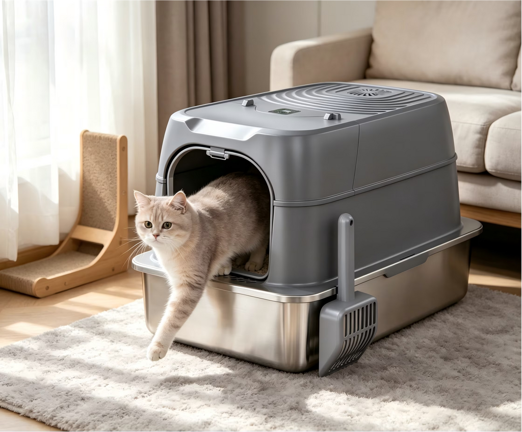 Nycoba Smart Deodorizing Enclosed Cat Litter Box, Pull Out Stainless Steel Drawer Hooded Cat Toilet with Litter Scoop