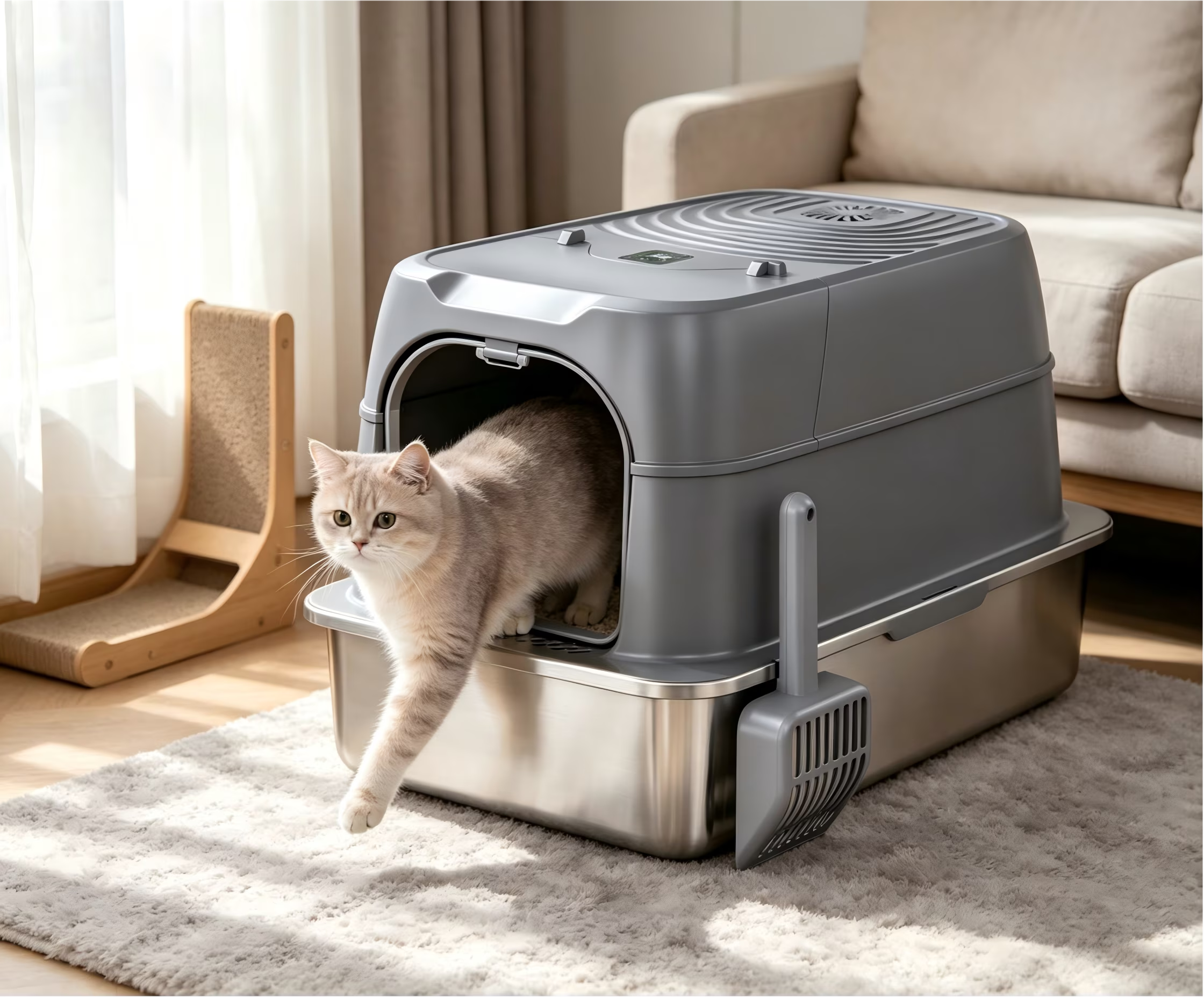 Nycoba Smart Deodorizing Enclosed Cat Litter Box, Pull Out Stainless Steel Drawer Hooded Cat Toilet with Litter Scoop