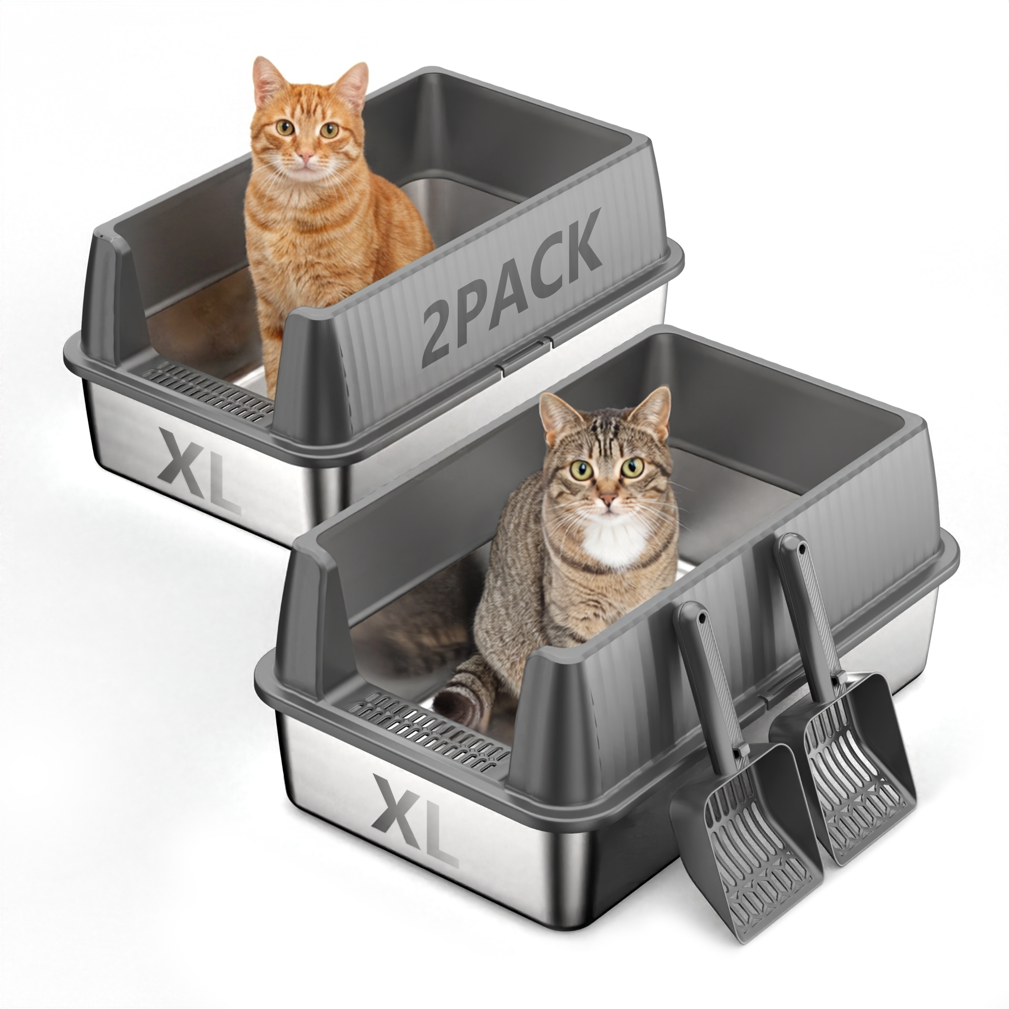 Nycoba 2‑Pack Large Capacity Stainless Steel Cat Litter Box,High‑Walled Non‑Stick Leak Proof Litter Pans with Scoops, Ideal for Multi‑Cats