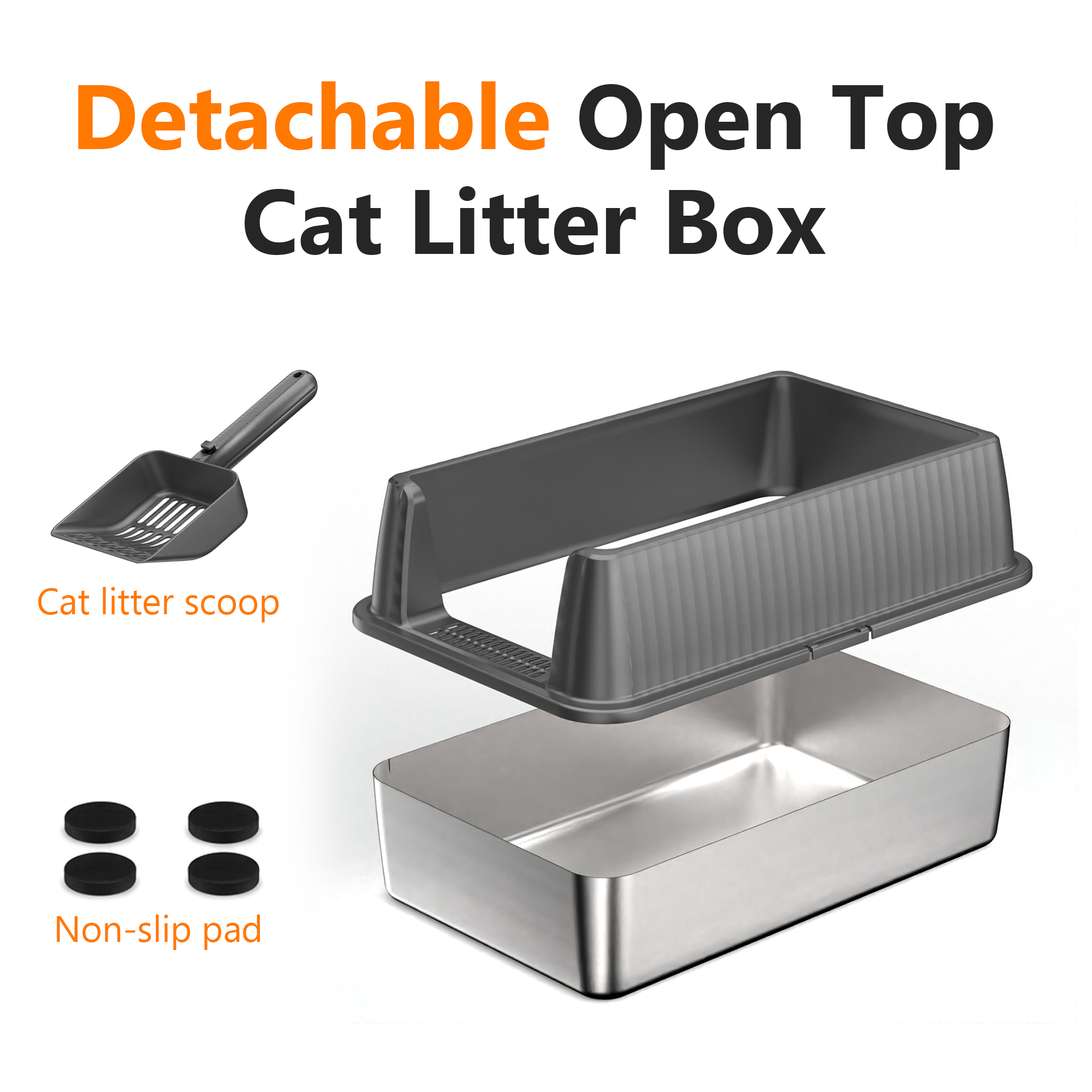 Nycoba Extra Large Stainless Steel Cat Litter Box, High Sided Non-Stick Leak Proof Litter Pan with Scoop for Large Cats, Gray