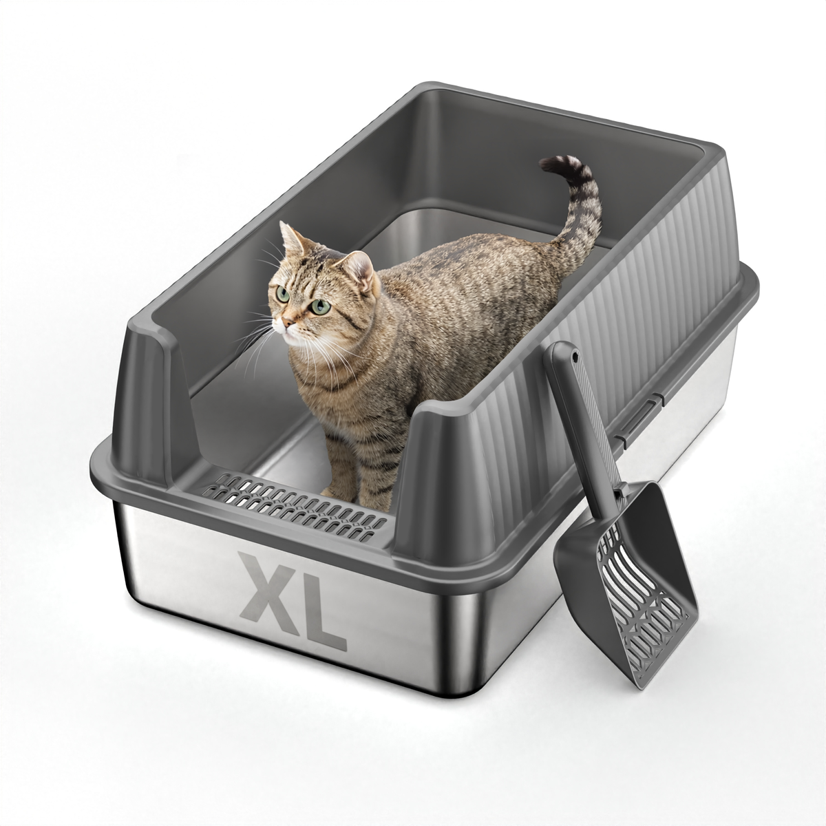 Nycoba Extra Large Stainless Steel Cat Litter Box, High Sided Non-Stick Leak Proof Litter Pan with Scoop for Large Cats, Gray