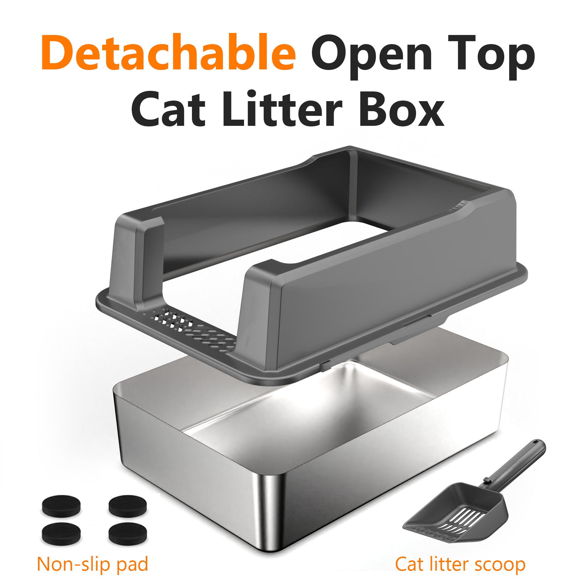 Nycoba XXXL Stainless Steel Cat Litter Box, Extra High Sided Non‑Stick Litter Pan with Scoop for Multiple Cats & Heavy Large Cats, Gray