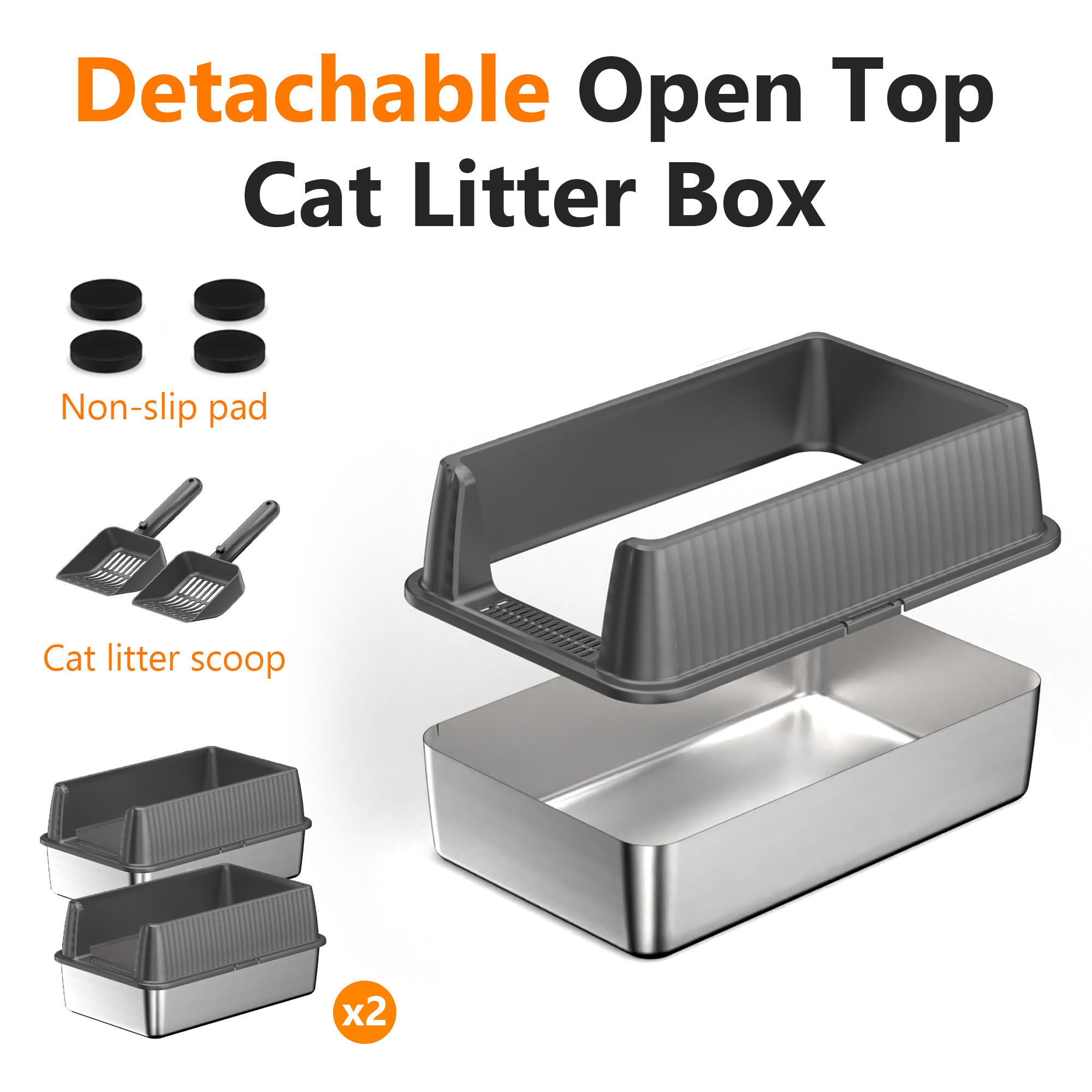 Nycoba 2‑Pack Large Capacity Stainless Steel Cat Litter Box,High‑Walled Non‑Stick Leak Proof Litter Pans with Scoops, Ideal for Multi‑Cats