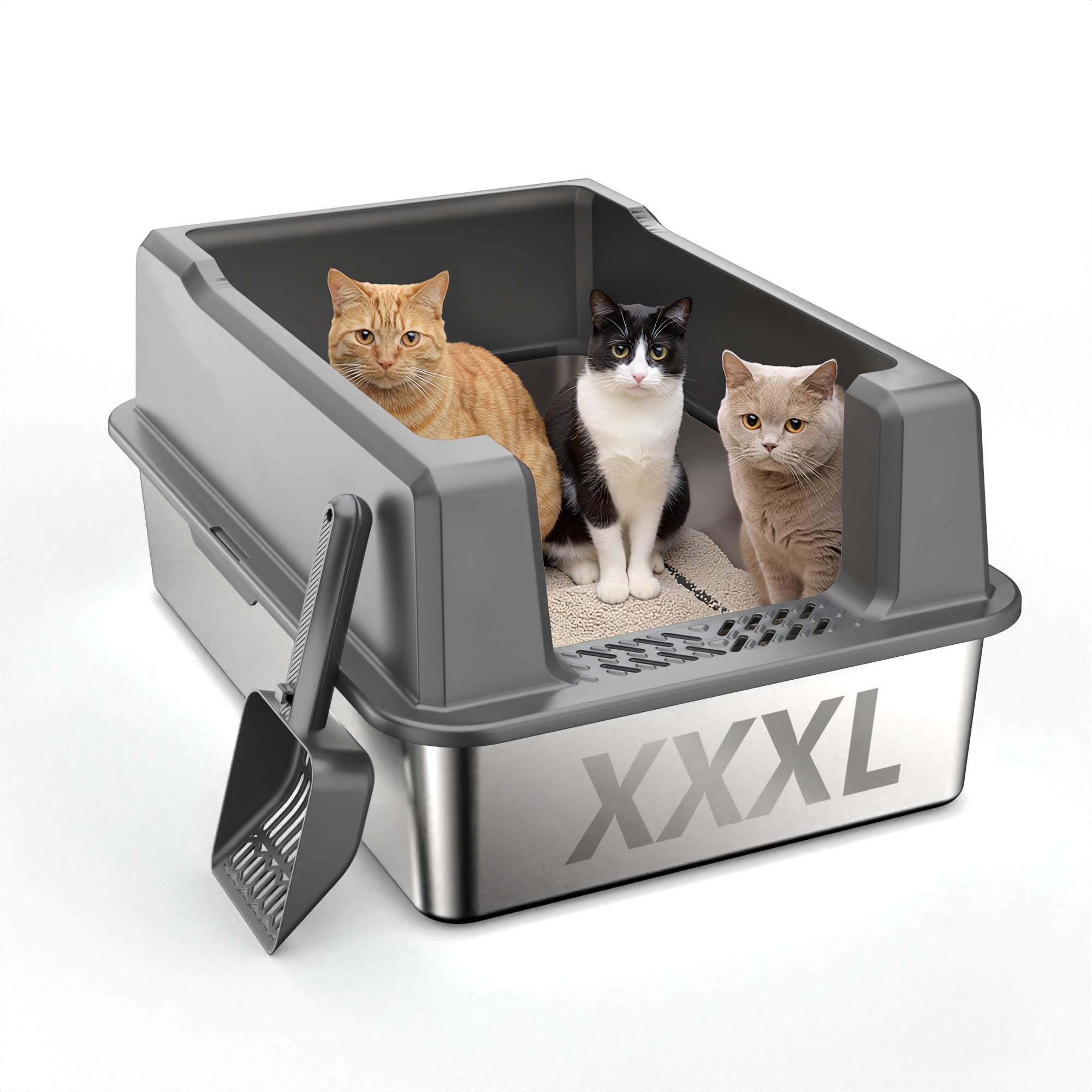 Nycoba XXXL Stainless Steel Cat Litter Box, Extra High Sided Non‑Stick Litter Pan with Scoop for Multiple Cats & Heavy Large Cats, Gray