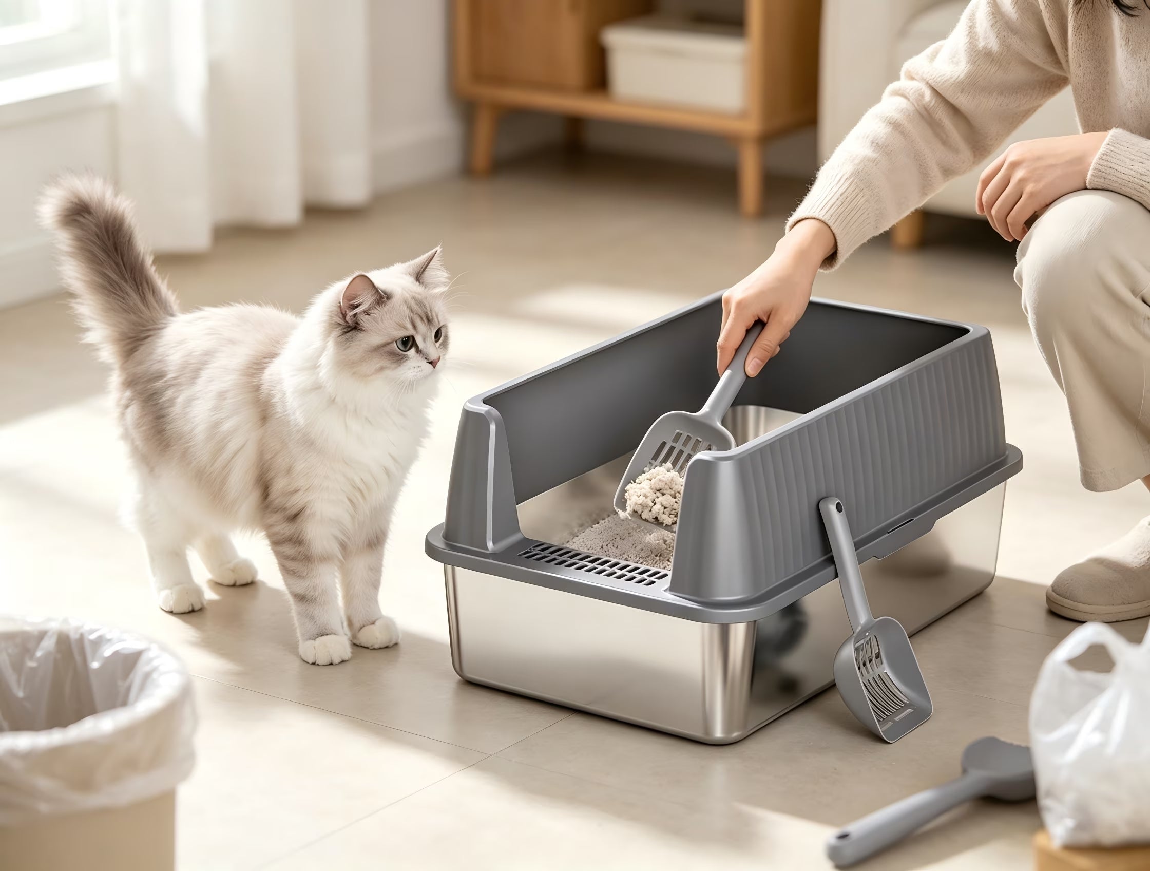 Nycoba Stainless Steel Open Top Cat Litter Box with Splash Guard, Anti-Tracking Pedal and Litter Scoop