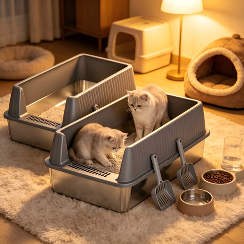 Nycoba 2 Pack XL Open Top Stainless Steel Cat Litter Box with Splash Guard, Anti-Tracking Pedal and Scoop