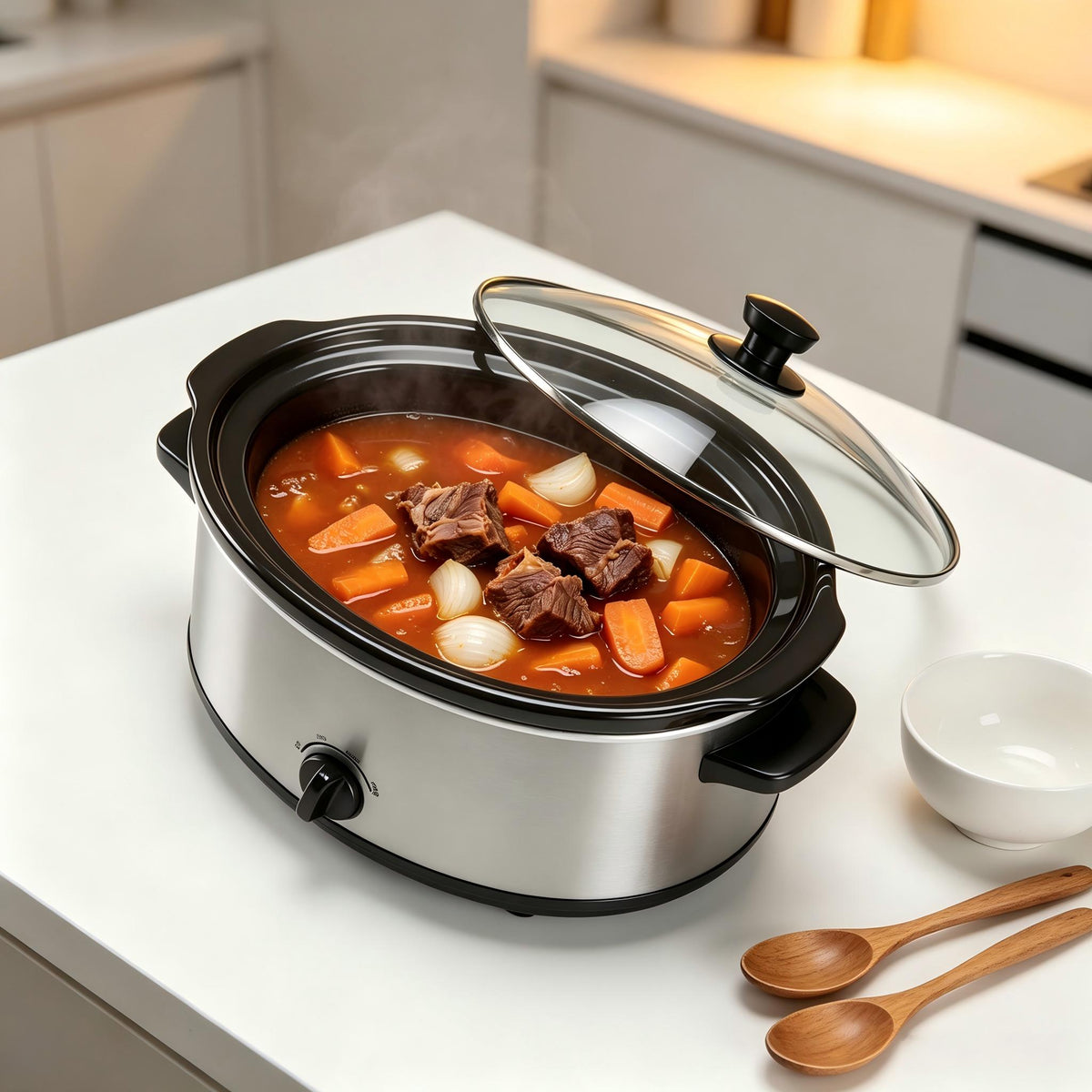 Nycoba 7QT Slow Cooker, Stainless Steel, Removable Non-Stick Stoneware Crock, 3 Heat Settings