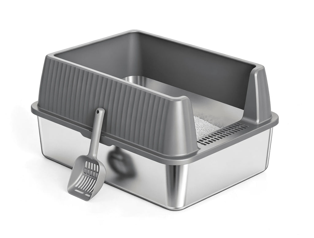 Nycoba Stainless Steel Open Top Cat Litter Box with Splash Guard, Anti-Tracking Pedal and Litter Scoop