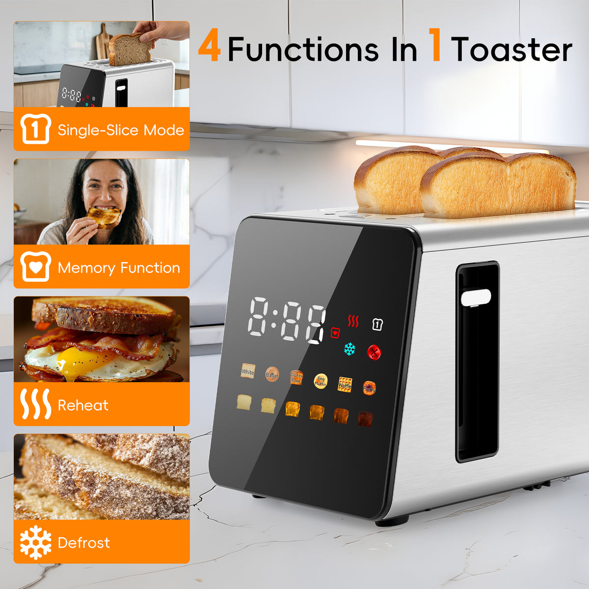 Nycoba 2-Slice Toaster, Full Touchscreen Stainless Steel, Extra Wide Slots