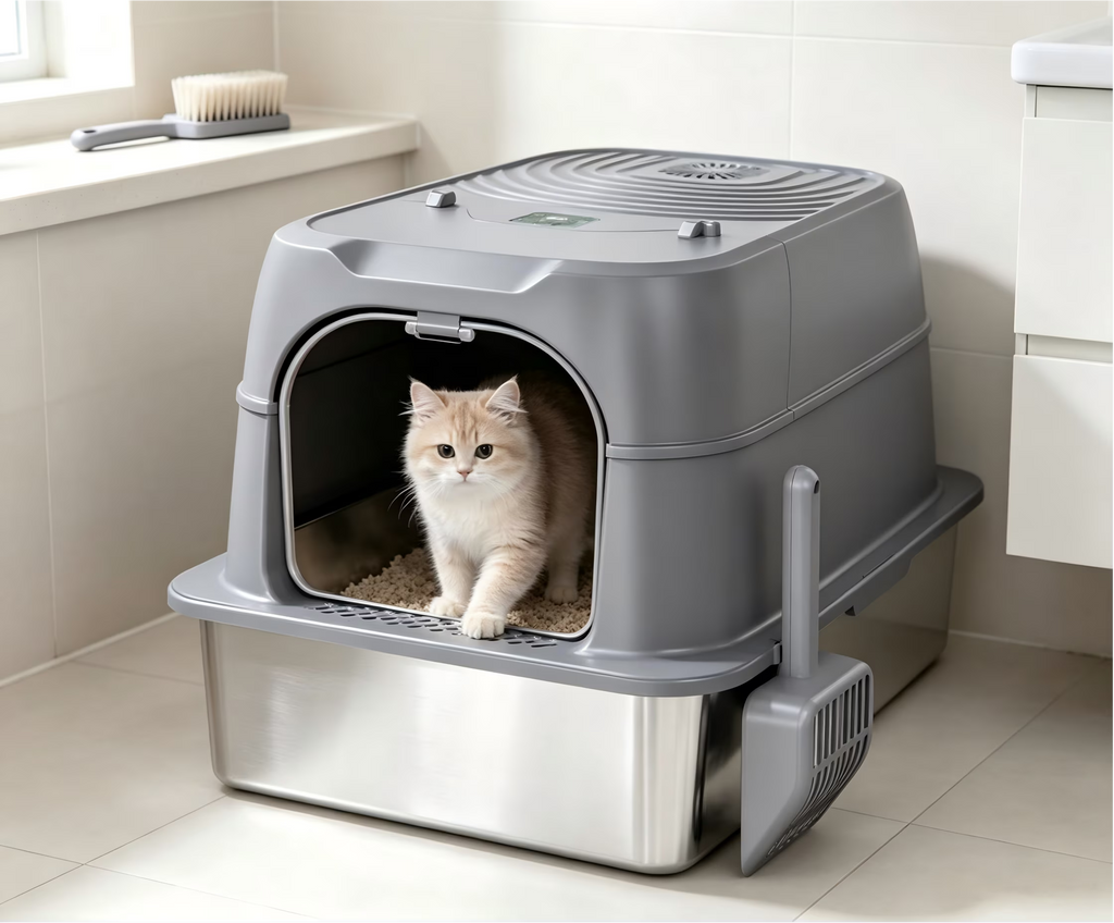 Nycoba Smart Deodorizing Enclosed Cat Litter Box, Pull Out Stainless Steel Drawer Hooded Cat Toilet with Litter Scoop
