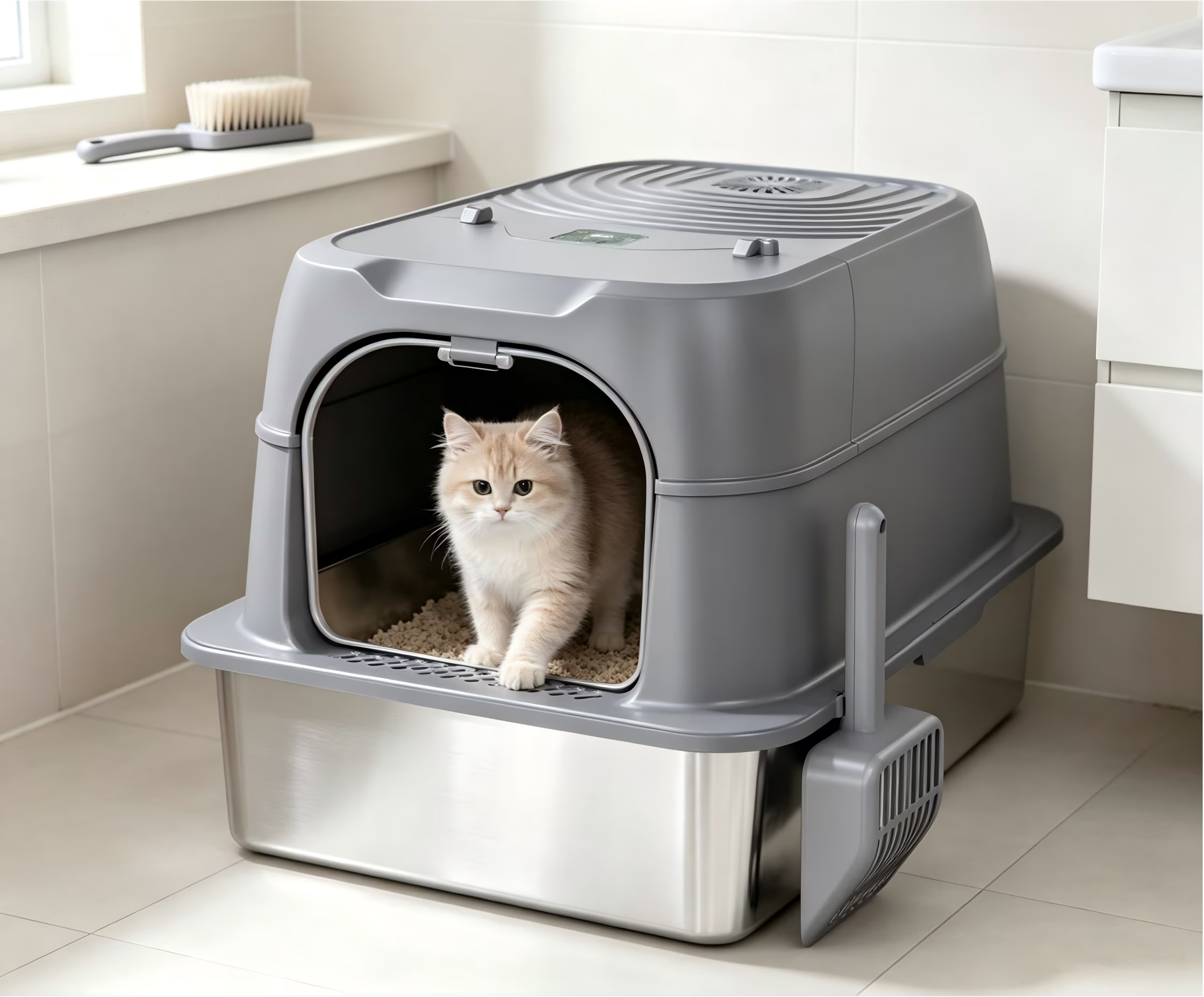 Nycoba Smart Deodorizing Enclosed Cat Litter Box, Pull Out Stainless Steel Drawer Hooded Cat Toilet with Litter Scoop