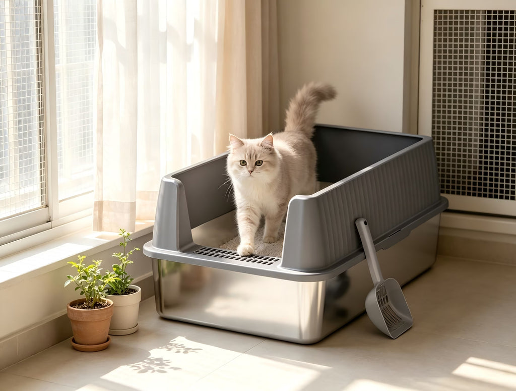 Nycoba Stainless Steel Open Top Cat Litter Box with Splash Guard, Anti-Tracking Pedal and Litter Scoop