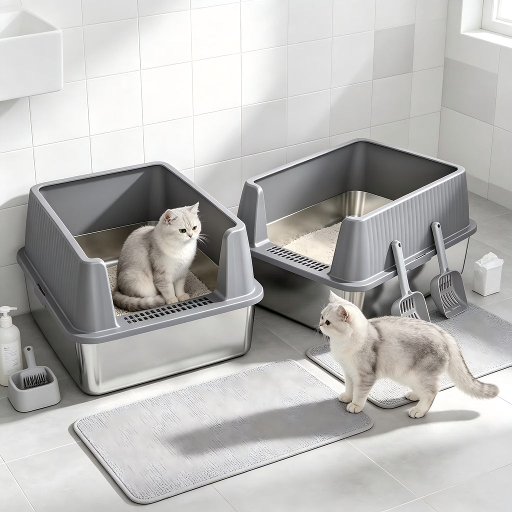 Nycoba 2 Pack XL Open Top Stainless Steel Cat Litter Box with Splash Guard, Anti-Tracking Pedal and Scoop