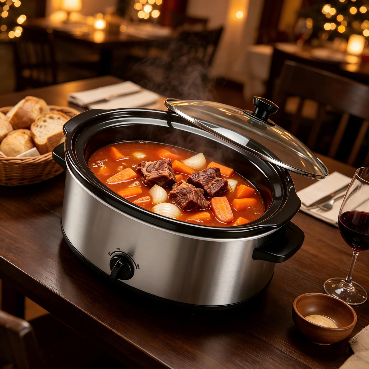 Nycoba 7QT Slow Cooker, Stainless Steel, Removable Non-Stick Stoneware Crock, 3 Heat Settings