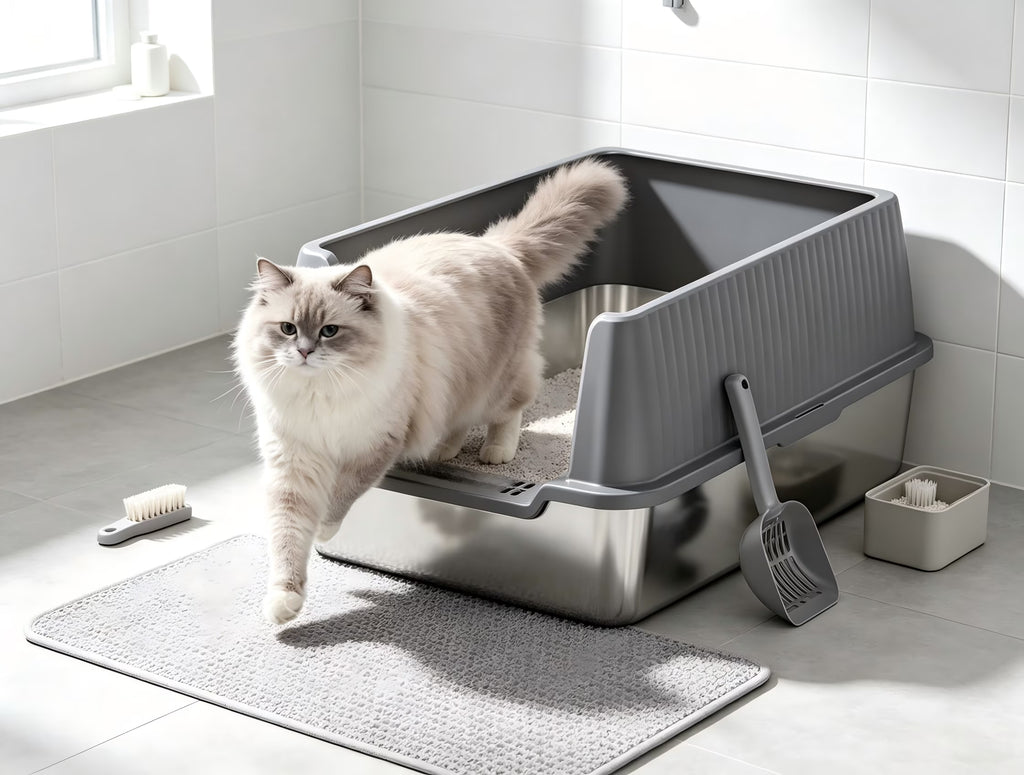 Nycoba Open Top Stainless Steel Cat Litter Box with High Splash Guard, Anti-Tracking Pedal & Cat Litter Scoop