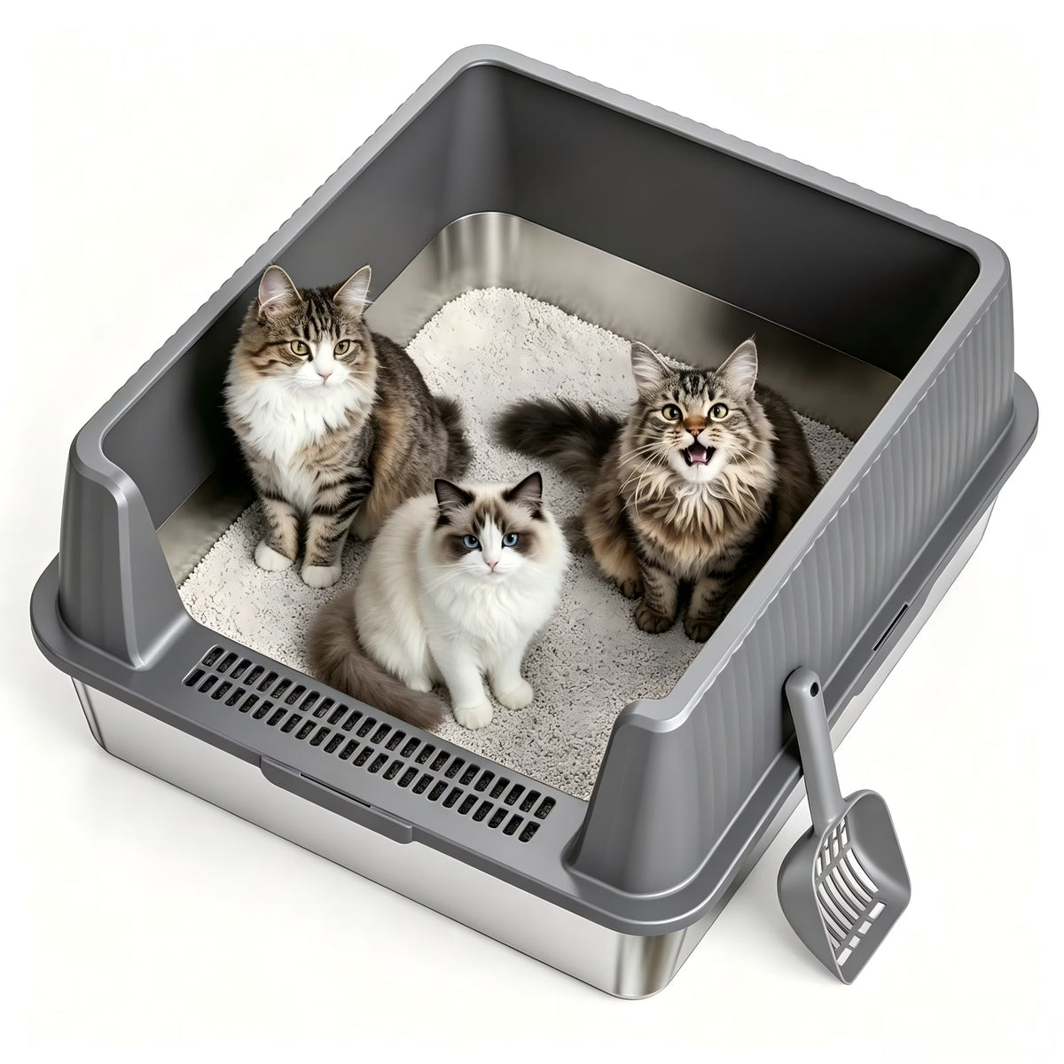 Nycoba Open Top Cat Litter Box, Stainless Steel High Splash Guard Cat Pan with Anti Tracking Pedal & Litter Scoop