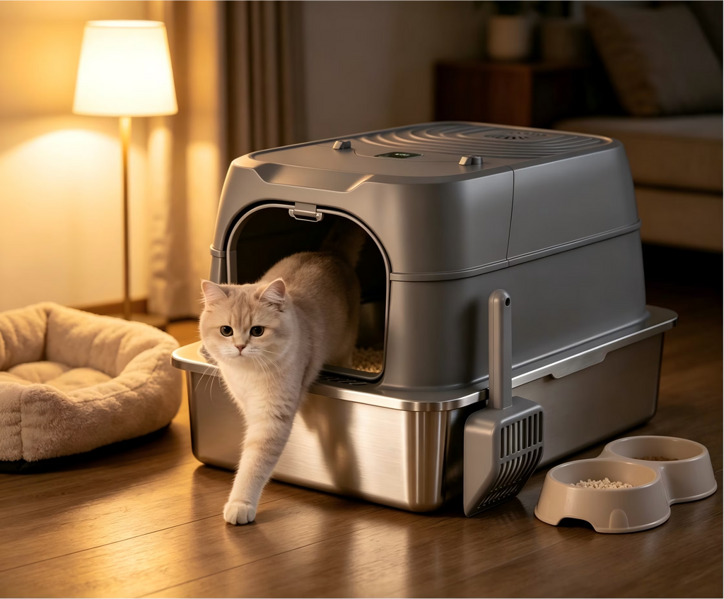 Nycoba Smart Deodorizing Enclosed Cat Litter Box, Pull Out Stainless Steel Drawer Hooded Cat Toilet with Litter Scoop