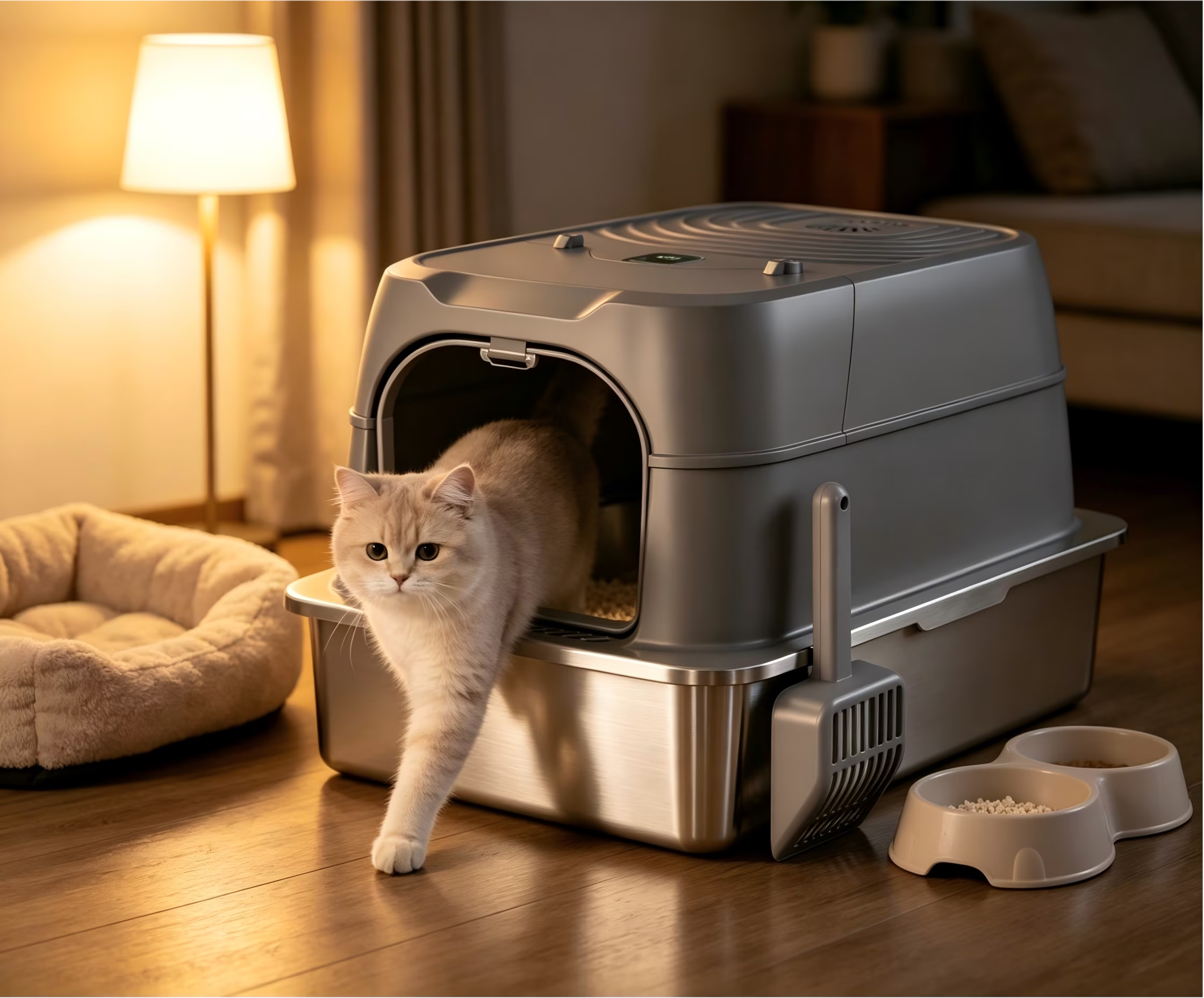 Nycoba Smart Deodorizing Enclosed Cat Litter Box, Pull Out Stainless Steel Drawer Hooded Cat Toilet with Litter Scoop