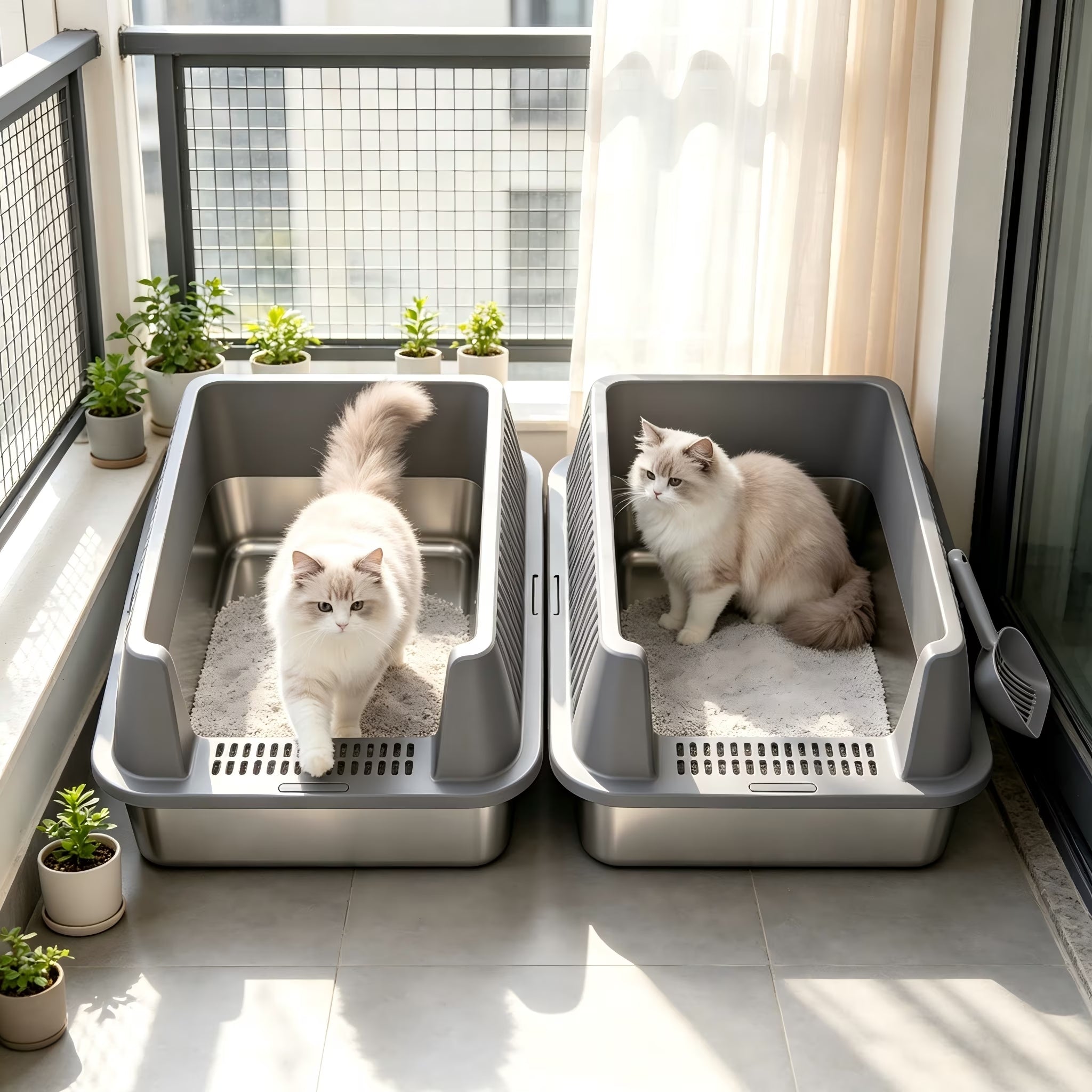 Nycoba 2 Pack XL Open Top Stainless Steel Cat Litter Box with Splash Guard, Anti-Tracking Pedal and Scoop