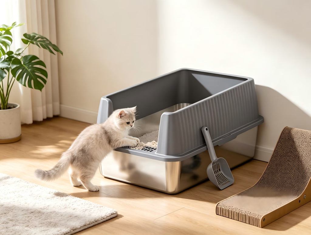 Nycoba Open Top Stainless Steel Cat Litter Box with High Splash Guard, Anti-Tracking Pedal & Cat Litter Scoop