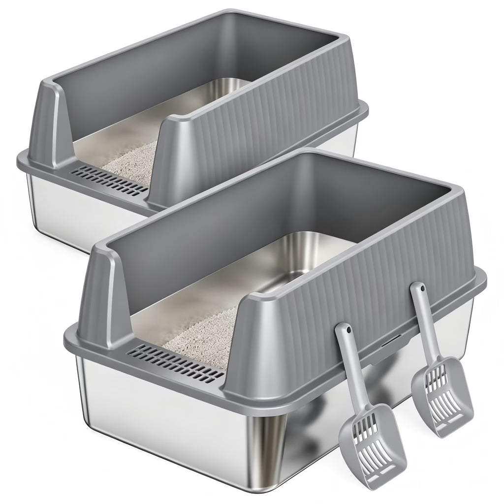 Nycoba 2 Pack XL Stainless Steel Cat Litter Box, Open Top Cat Pan with Splash Guard, Anti-Tracking Pedal & Litter Scoop for Large Cats