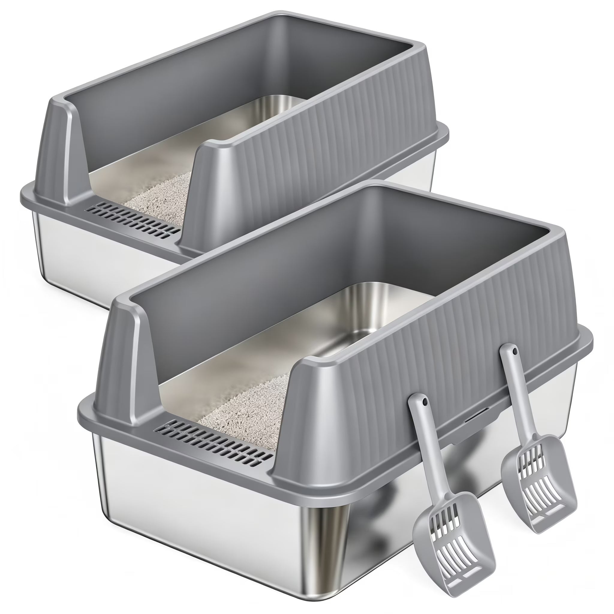 Nycoba 2 Pack XL Stainless Steel Cat Litter Box, Open Top Cat Pan with Splash Guard, Anti-Tracking Pedal & Litter Scoop for Large Cats