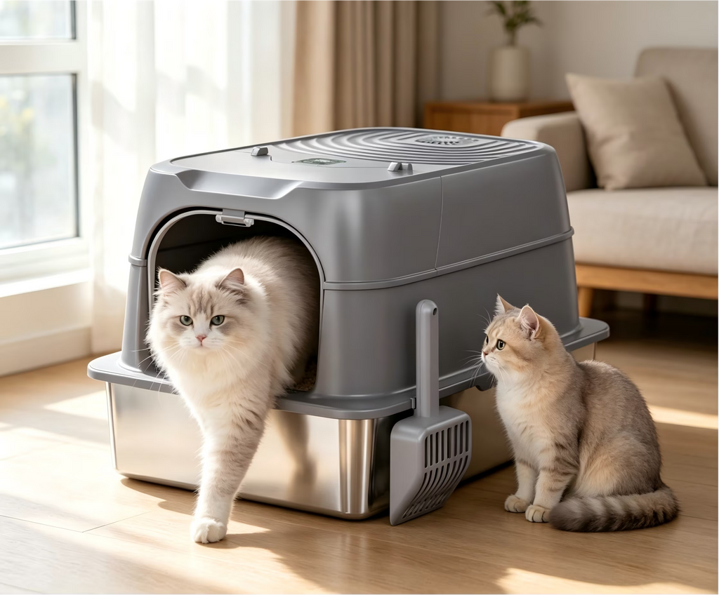 Nycoba Smart Deodorizing Enclosed Cat Litter Box, Pull Out Stainless Steel Drawer Hooded Cat Toilet with Litter Scoop