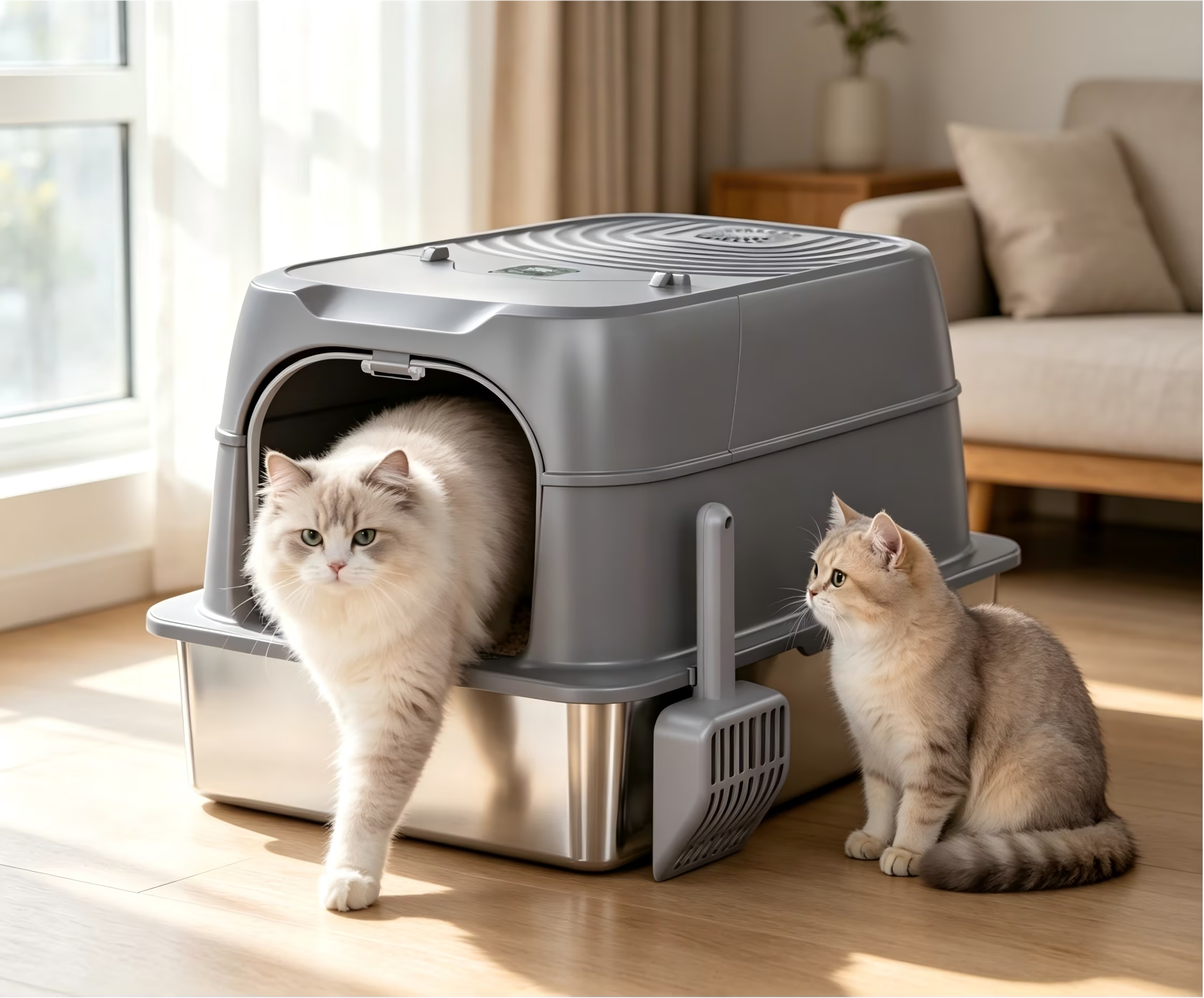 Nycoba Smart Deodorizing Enclosed Cat Litter Box, Pull Out Stainless Steel Drawer Hooded Cat Toilet with Litter Scoop