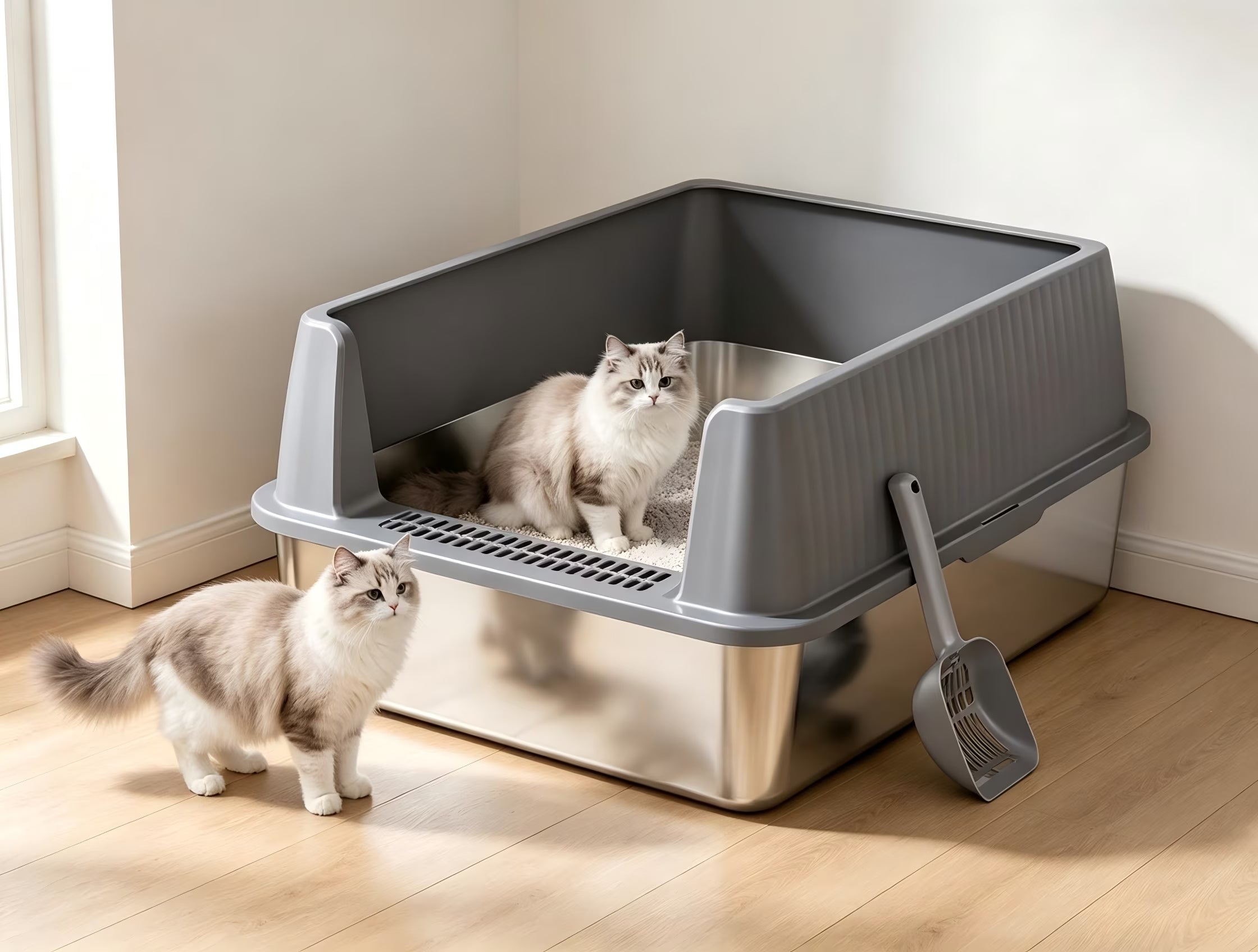 Nycoba Open Top Stainless Steel Cat Litter Box with High Splash Guard, Anti-Tracking Pedal & Cat Litter Scoop