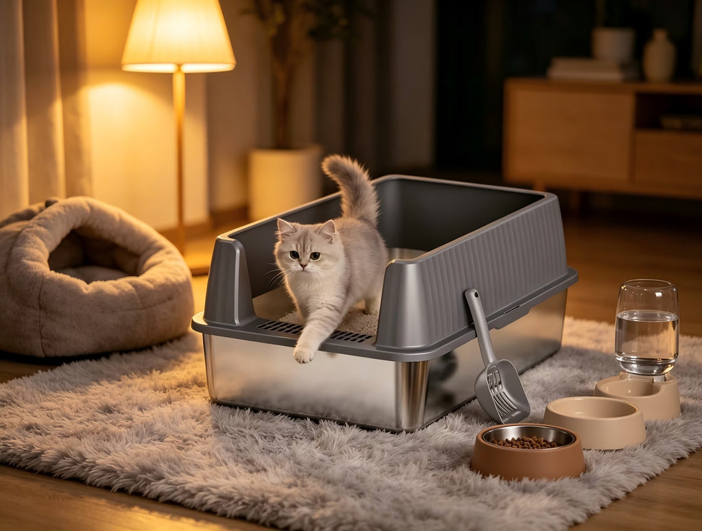 Nycoba Stainless Steel Open Top Cat Litter Box with Splash Guard, Anti-Tracking Pedal and Litter Scoop