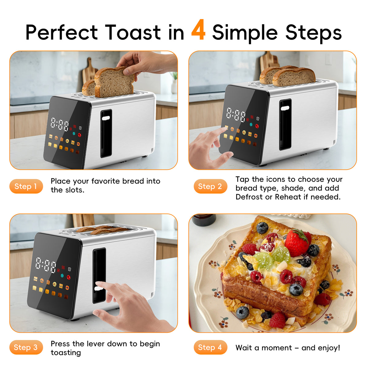 Nycoba 2-Slice Toaster, Full Touchscreen Stainless Steel, Extra Wide Slots